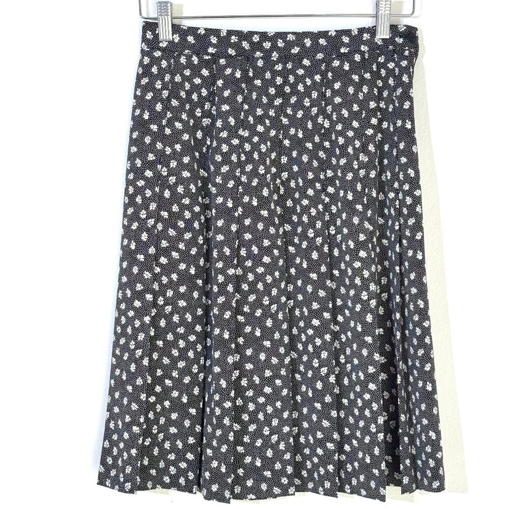 Vtg 90s Black & White Pleated Skirt Floral Leaves Polka Dots Twee Indie Academia